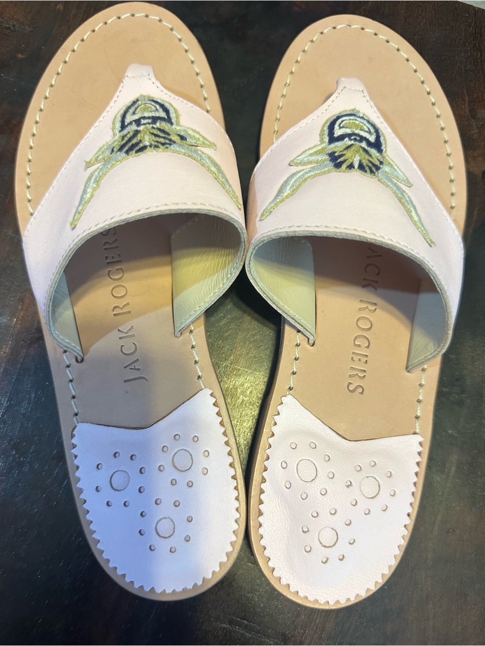 Jack Rogers White Leather Embroidered Thong Sandals